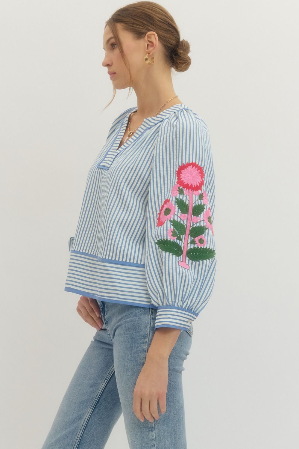 Can't Stop Staring At You Blue Striped Embroidered Blouse