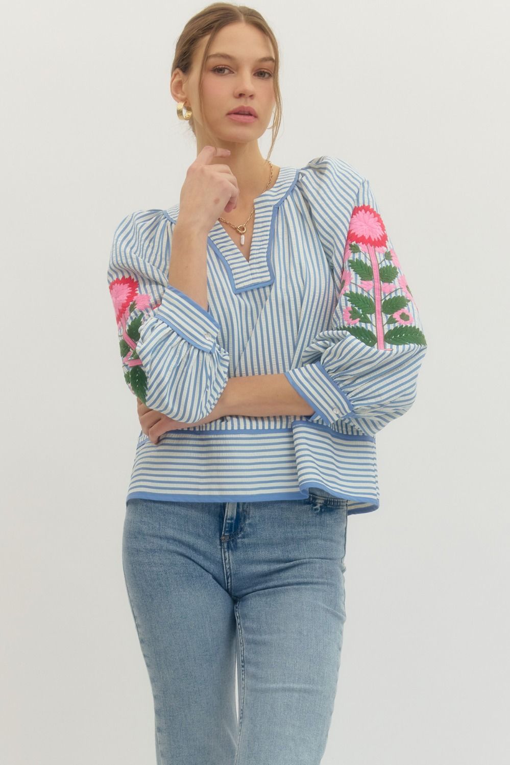 Can't Stop Staring At You Blue Striped Embroidered Blouse