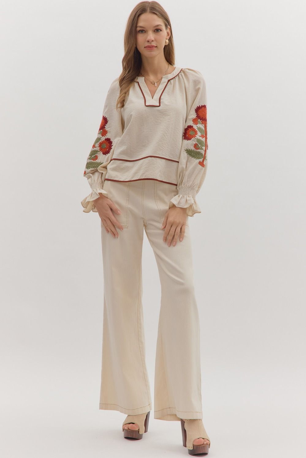 Find the Beauty In Everything Beige Floral Embroidered Blouse