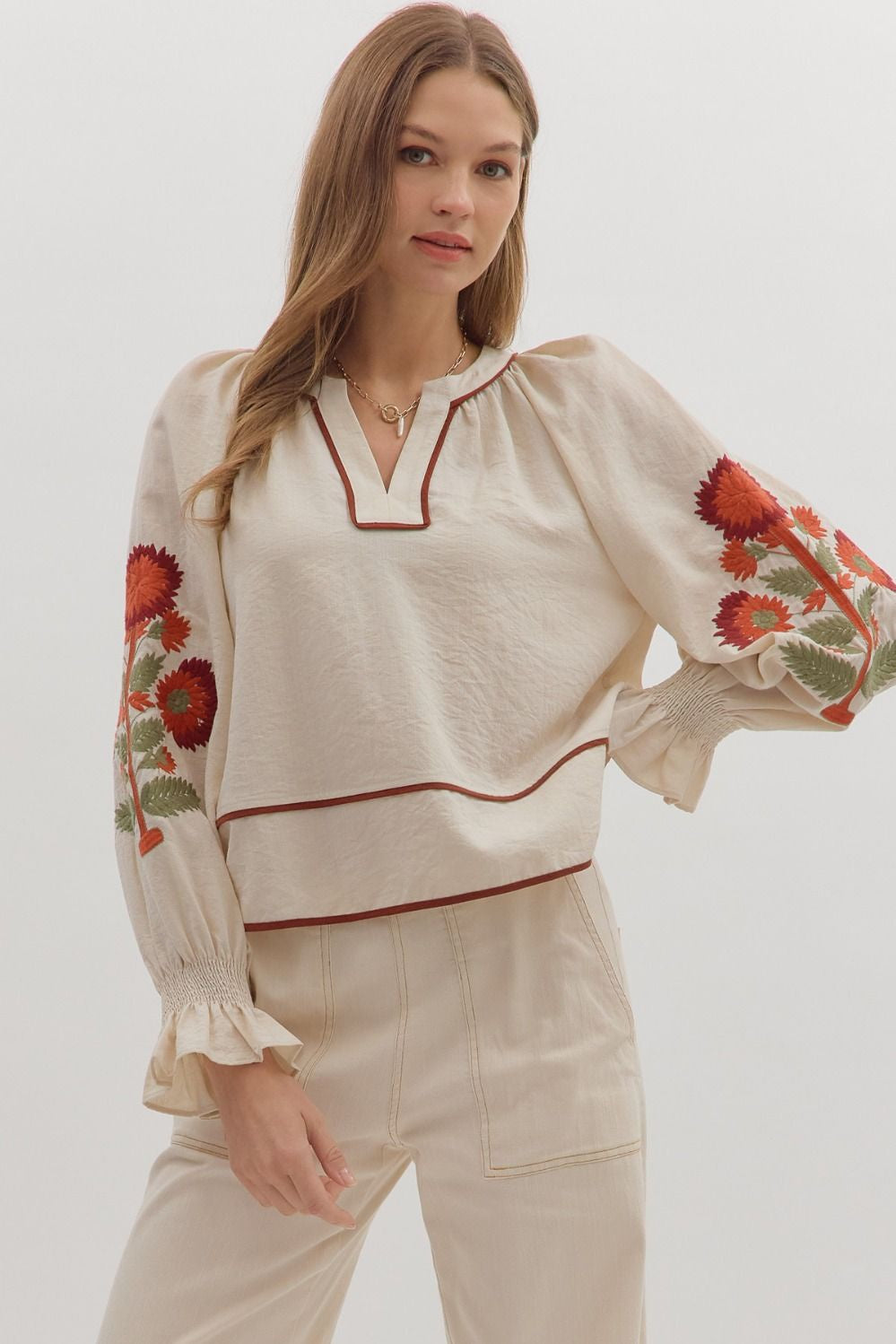 Find the Beauty In Everything Beige Floral Embroidered Blouse