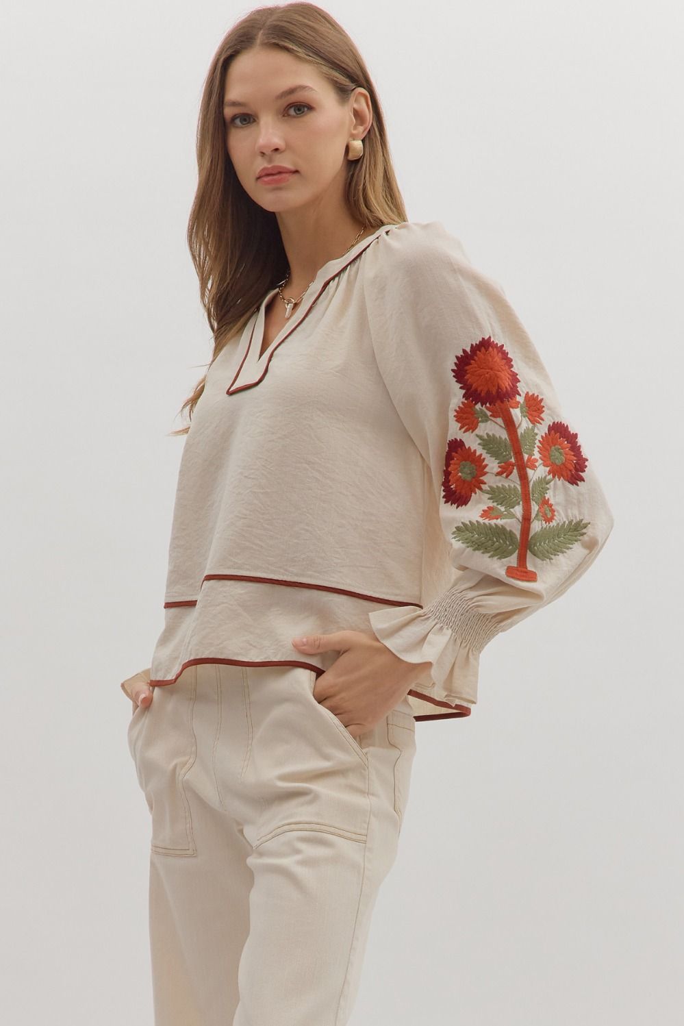 Find the Beauty In Everything Beige Floral Embroidered Blouse