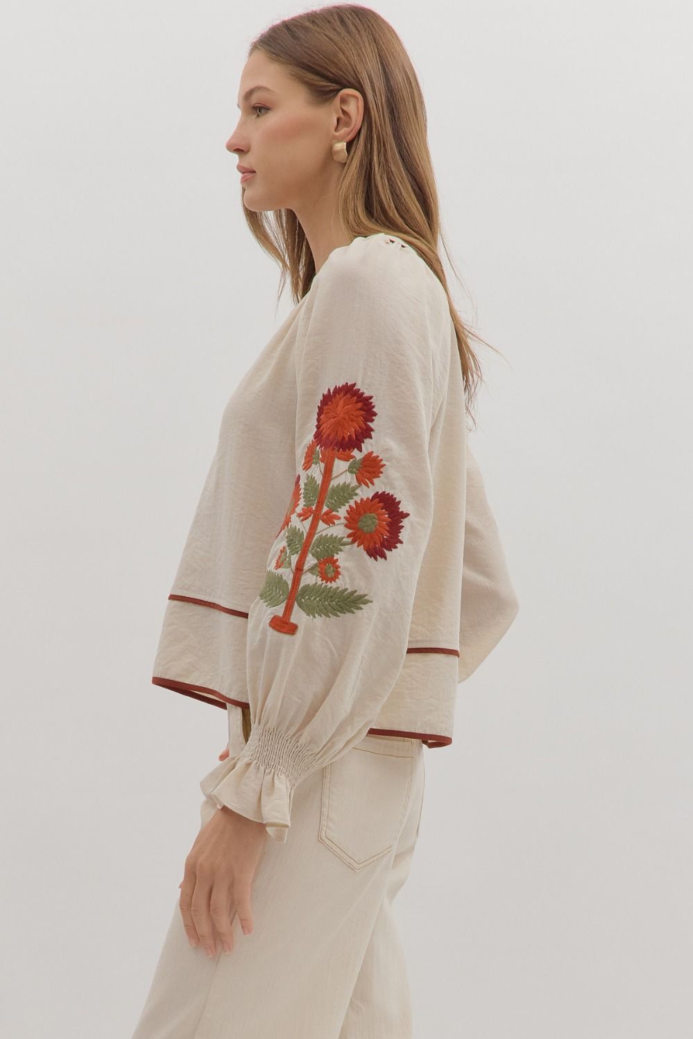 Find the Beauty In Everything Beige Floral Embroidered Blouse