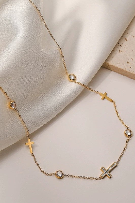 18K Stainless Steel Gold Rhinestone Cross Necklace