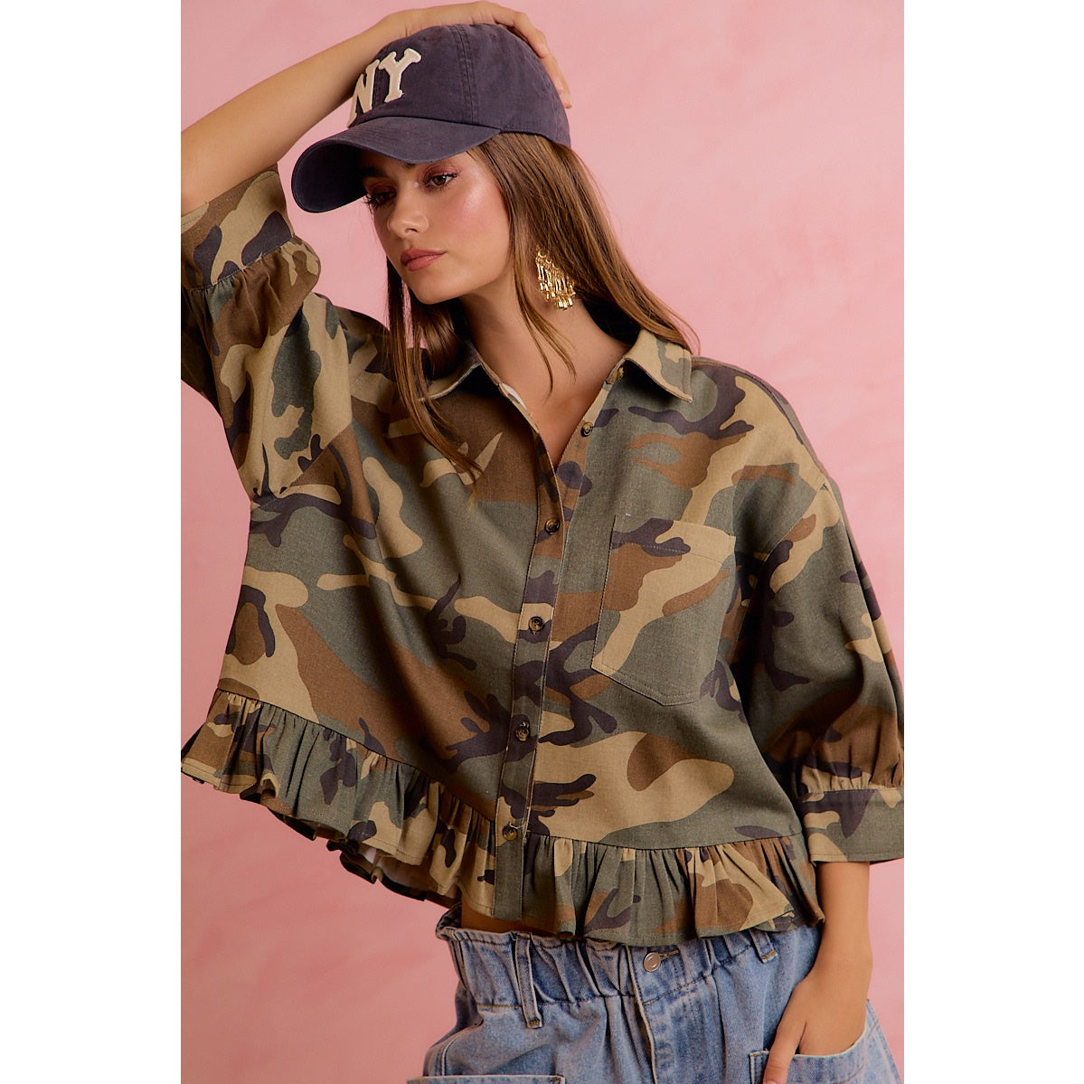 Outskirts Of Heaven Camo Ruffled Hem Blouse