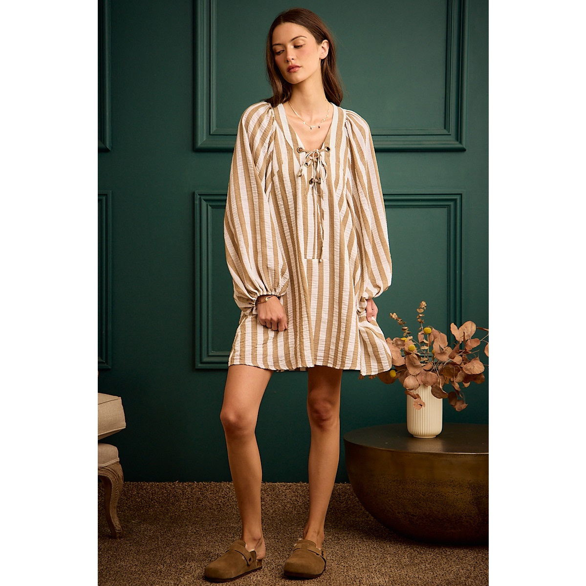 Your Secret Is Safe With Me Striped Mocha Lace Up Dress