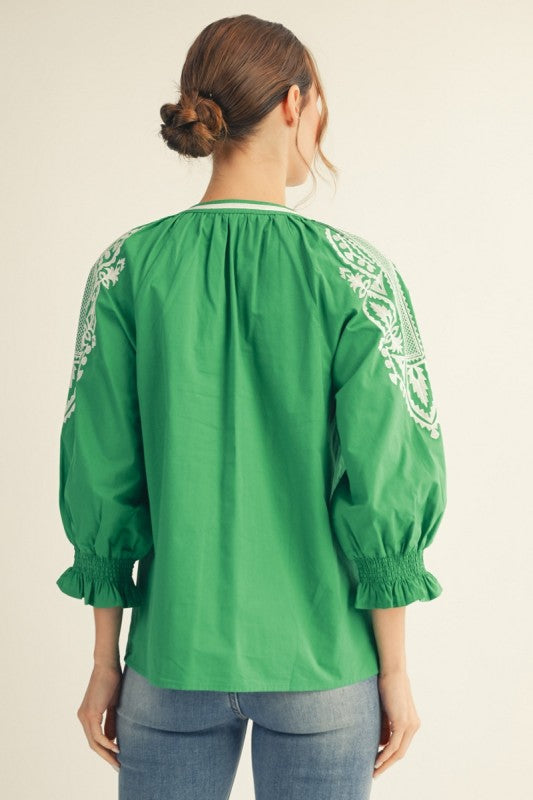 Getaway Kelly Green Embroidered Blouse