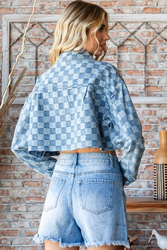 Let's Play Checkered Denim Crop Jacket