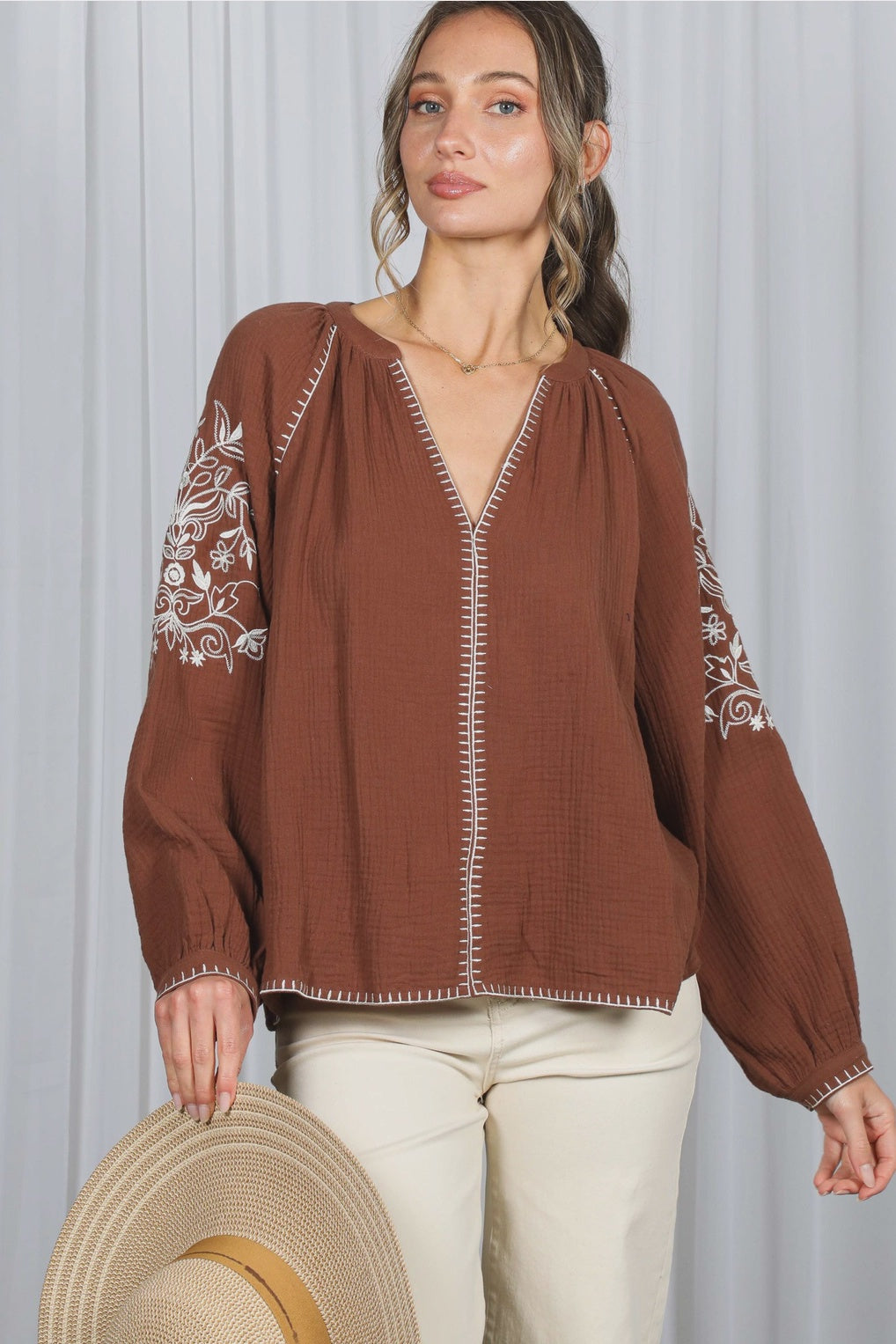Beyond Blessed Brown Embroidered Blouse