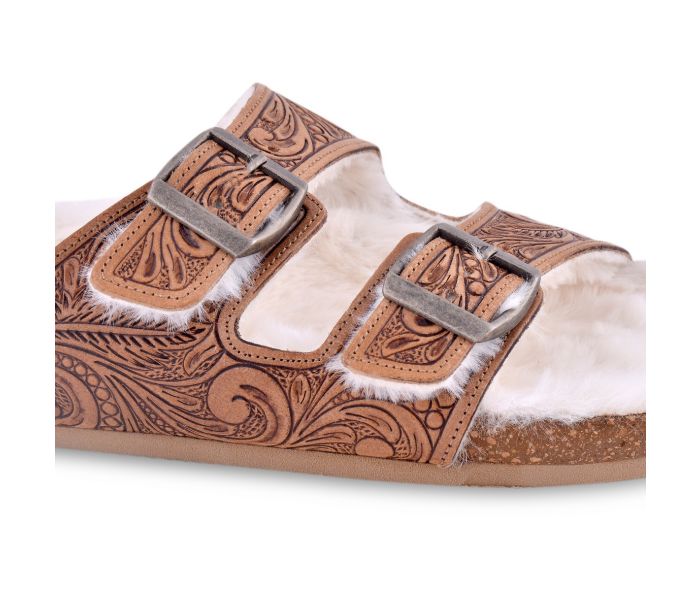 MYRA Tooled Leather Fur Sandals