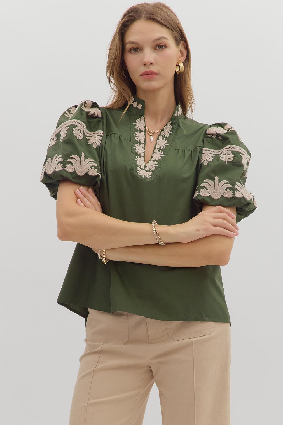 Enjoy Every Bit Dark Green Embroidered Blouse