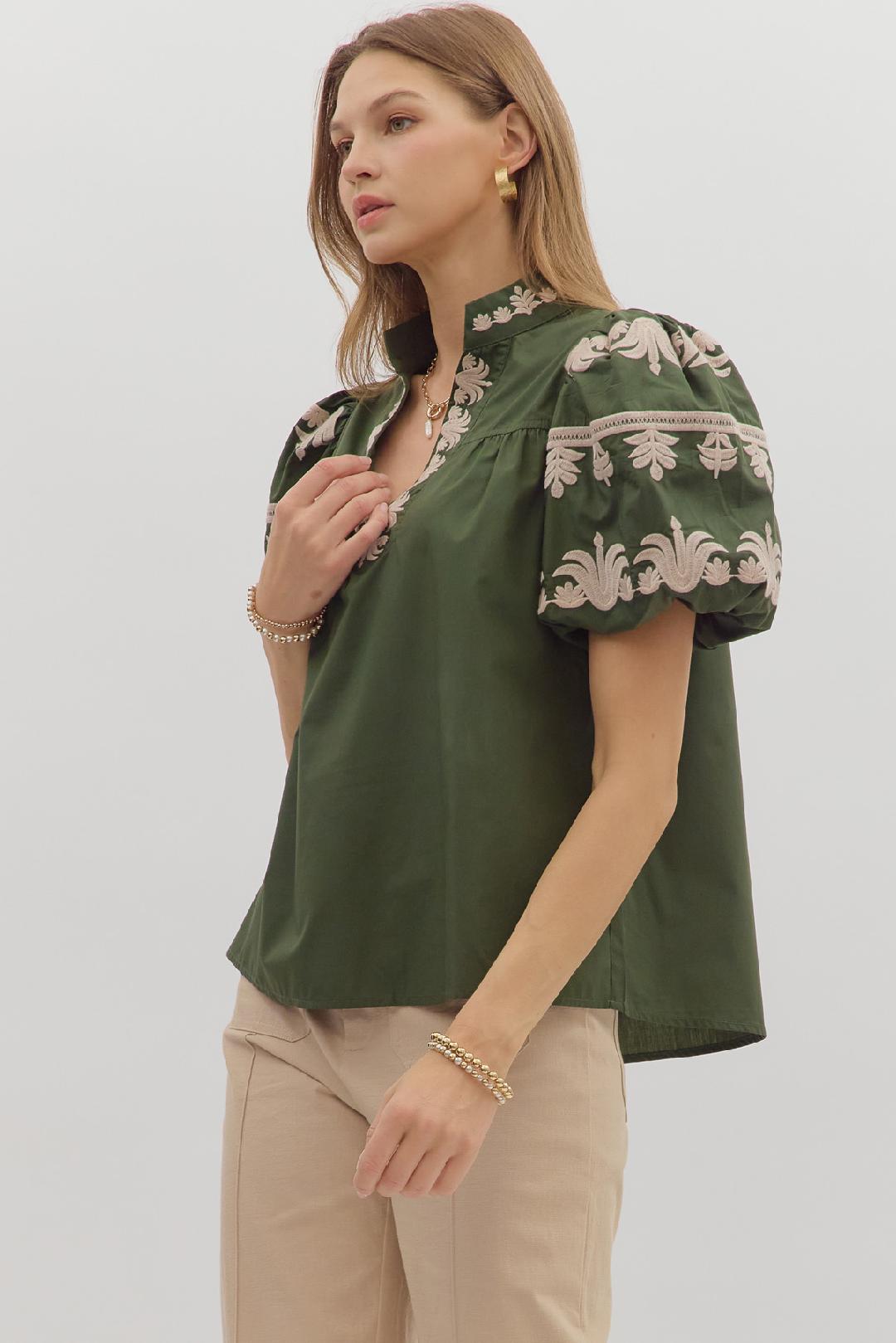 Enjoy Every Bit Dark Green Embroidered Blouse
