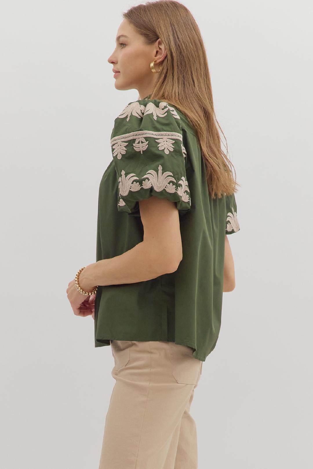Enjoy Every Bit Dark Green Embroidered Blouse