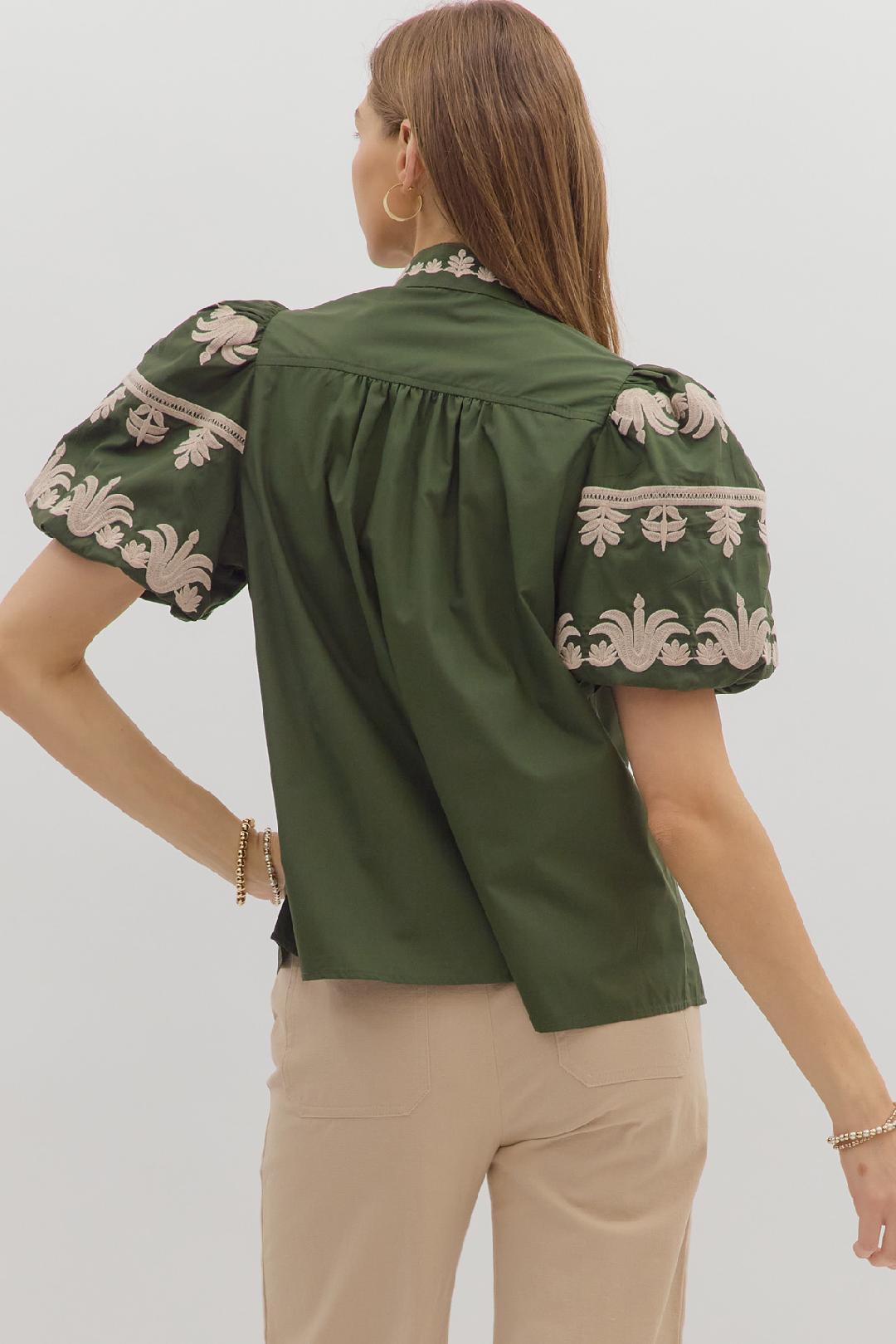 Enjoy Every Bit Dark Green Embroidered Blouse